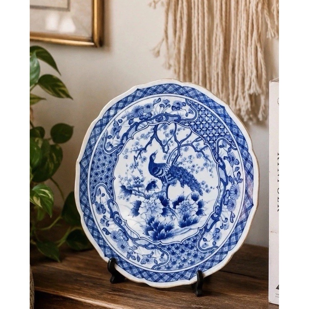 Japanese VTG Andrea by Sadek Signed Peacock Bowl Blue & White 10" Gilt Trim EUC